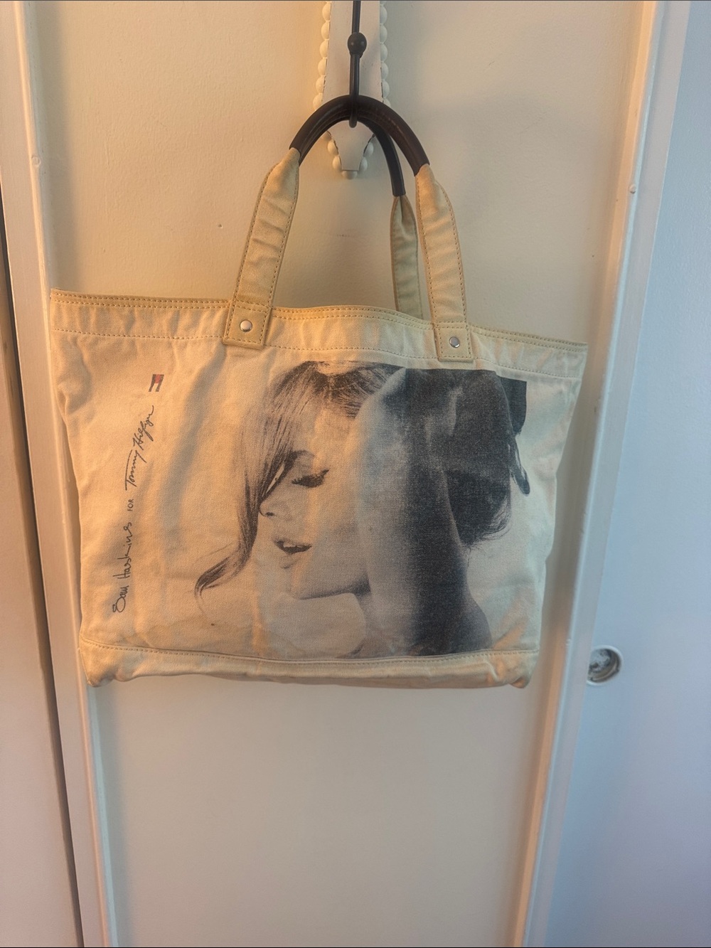 Tommy Hilfiger Beige Canvas Tote with Dark Print and Brown Handles